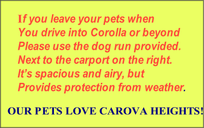 If you leave your pets when
You drive into Corolla or beyond
Please use the dog run provided.
Next to the carport on the right.
It’s spacious and airy, but
Provides protection from weather.
